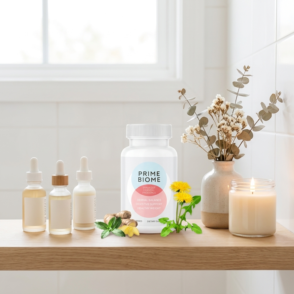 PrimeBiome jar on a minimalist wellness shelf with skincare and candle