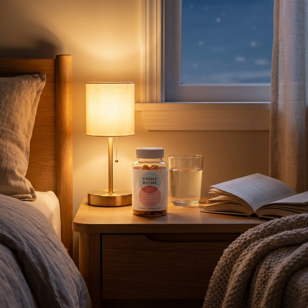 PrimeBiome jar on a cozy bedside table in warm evening light