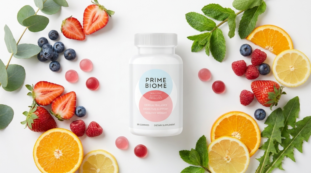 PrimeBiome probiotic gummies with fresh fruit and botanicals
